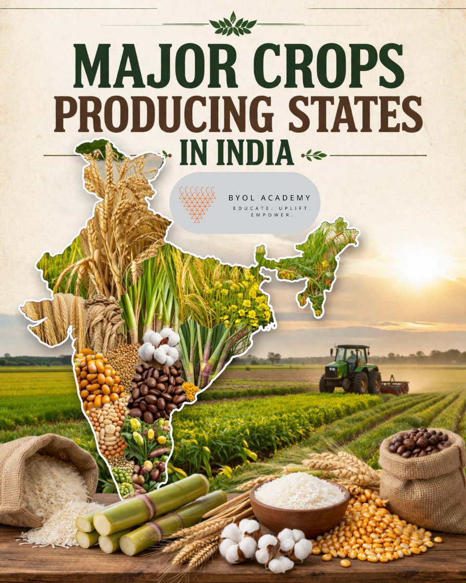 byolacademy's tweet image. Farms that feed the nation 
Understanding where our food comes from is the first step to valuing it.

#IndianAgriculture #FarmToTable #AgriIndia #CropDiversity #IndianFarmers #AgriKnowledge #GeographyIndia #StudyGramIndia #UPSCPrep #SSCPreparation #IndiaFacts #RuralIndia