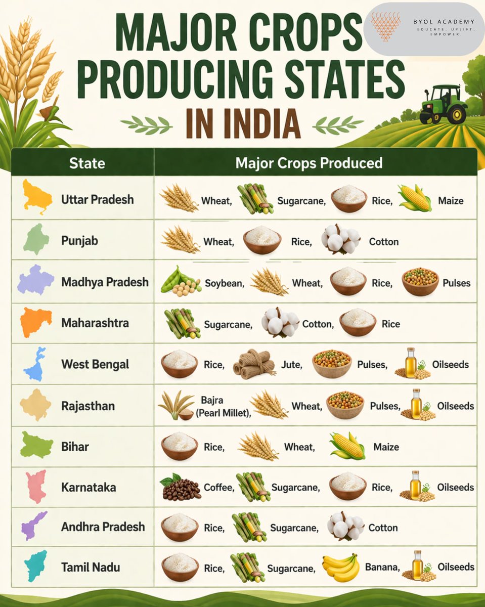 byolacademy's tweet image. Farms that feed the nation 
Understanding where our food comes from is the first step to valuing it.

#IndianAgriculture #FarmToTable #AgriIndia #CropDiversity #IndianFarmers #AgriKnowledge #GeographyIndia #StudyGramIndia #UPSCPrep #SSCPreparation #IndiaFacts #RuralIndia