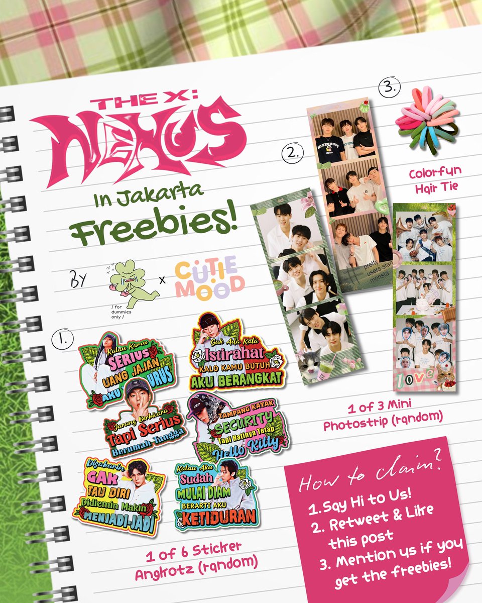 MONSTA X THE X: NEXUS IN JAKARTA FREEBIES by <a href="/flomiesco/">flomies.co</a> x <a href="/cutiemoodid/">`m i o n✨</a>

You will get Sticker Angkotz + Mini Photostrip + Hair Tie 

🗓 18 April 2026
📍 Kasablanka Hall (Details TBA)
 ⚠️ SUPER Limited QTY

See you! 🩷🍀
#MONSTAX #FREEBIES #MONSTAXinJakarta
#MONSTAX_THEX_NEXUS_JKT