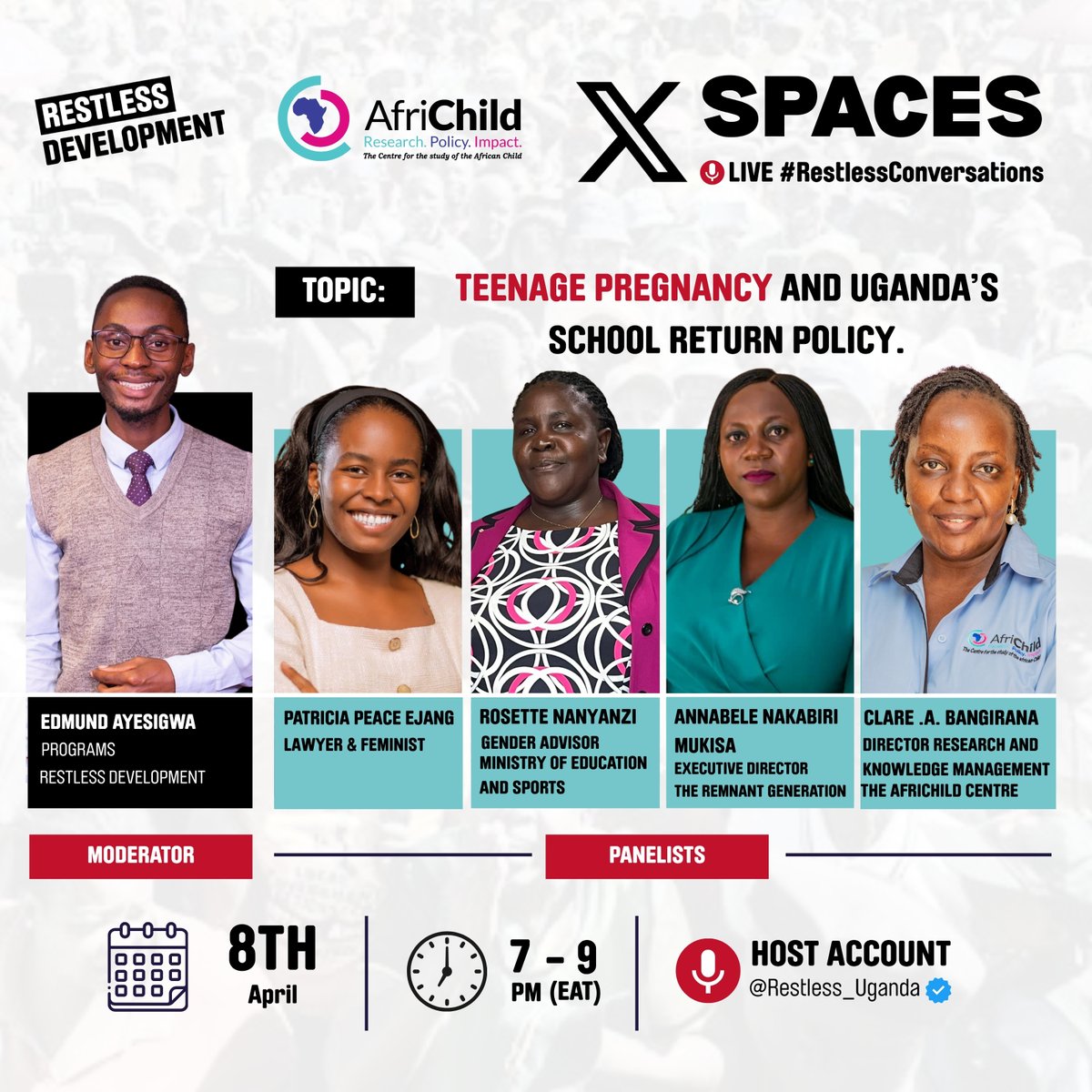 Restless_Uganda's tweet image. 5 years since Uganda passed a policy allowing teenage mothers back into school . About 70% still never return. This raises important questions about the challenges affecting their return.

Join us for this conversation, organised in partnership with @AfriChildCentre 

🗓️