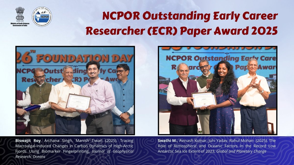 ncaor_goa's tweet photo. 𝐂𝐞𝐥𝐞𝐛𝐫𝐚𝐭𝐢𝐧𝐠 𝟐𝟔 𝐘𝐞𝐚𝐫𝐬 𝐨𝐟 𝐍𝐂𝐏𝐎𝐑  

On this special occasion, NCPOR felicitated its employees and researchers with the NCPOR Outstanding Contribution and NCPOR Outstanding Early Career Researcher Awards, recognizing dedication, innovation, and research excellence. Congratulations to all awardees for strengthening India’s polar and ocean research capabilities.  

#NCPORFoundationDay

@DrJitendraSingh 
@moesgoi
@Ravi_MoES
@TMeloth
@PIB_Panaji
@PIB_India
