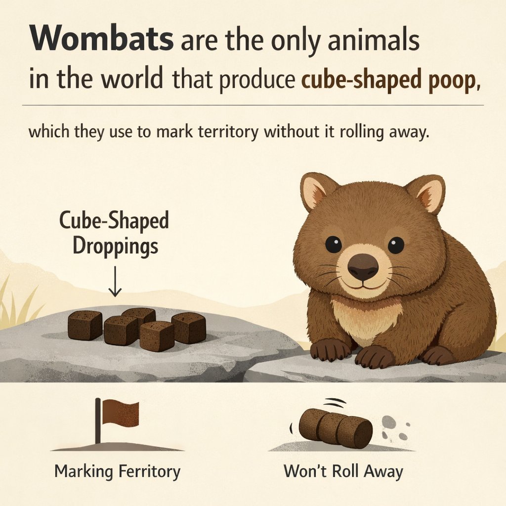 Facts_residence's tweet image. Nature really said “think outside the box”… then gave wombats cube-shaped poop 🧊💩
Built-in anti-roll tech for perfect territory marking. Engineering level: wild.
#WombatFacts #NatureIsCrazy #AnimalFacts #DidYouKnow #WeirdNature #ScienceFacts
#facts_residence