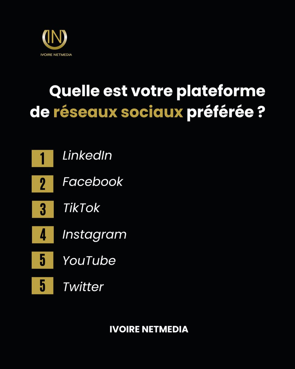 IVOIRE_NETMEDIA's tweet photo. LinkedIn, Facebook, Instagram, YouTube, Twitter (X), laquelle utilisez-vous le plus aujourd’hui ?
 
👉 Partagez votre choix en commentaire et expliquez-nous pourquoi cette plateforme vous semble la plus pertinente.

#IVOIRENETMEDIA #RéseauxSociaux #MarketingDigital https://t.co/pYvF6HCyDl
