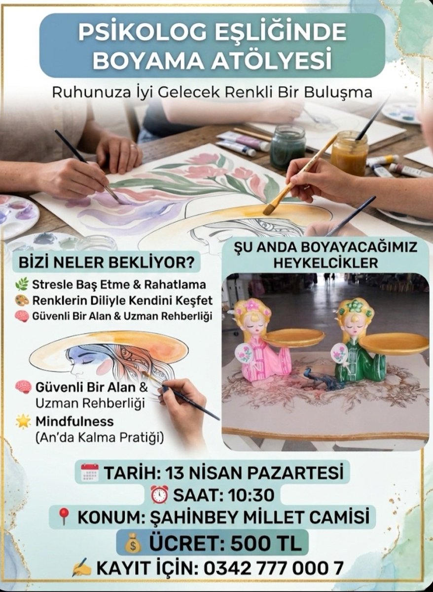 reyhanakbg's tweet photo. Bizi Neler Bekliyor?
​Stresle Baş Etme &amp; Rahatlama
​Renklerin Diliyle Kendini Keşfet
​Güvenli Alan &amp; Uzman Rehberliği Yargılanmadan, özgürce ifade alanı.
Sadece fırçaya ve ana odaklandığınız bir deneyim.
​Kontenjanımız sınırlıdır. Yerinizi ayırtmayı unutmayın! 🖌️✨ https://t.co/F7p8reiKG6