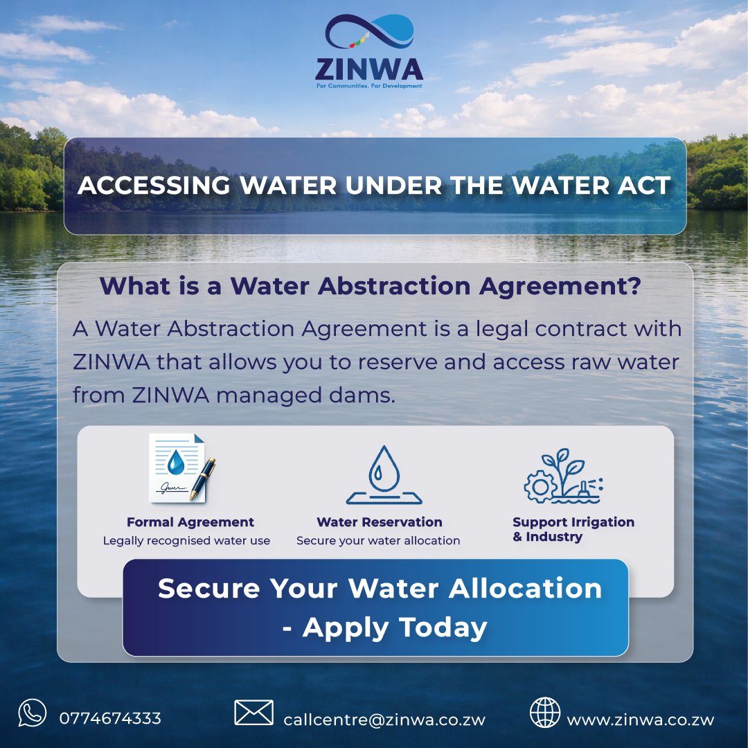 Winter cropping is underway. 💧

All irrigators must secure a Water Abstraction Agreement with ZINWA for proper water allocation.

Apply: zinwa.co.zw/water-abstract…

📧 callcentre@zinwa.co.zw
#Irrigation #Agriculture #WaterManagement #ZINWA