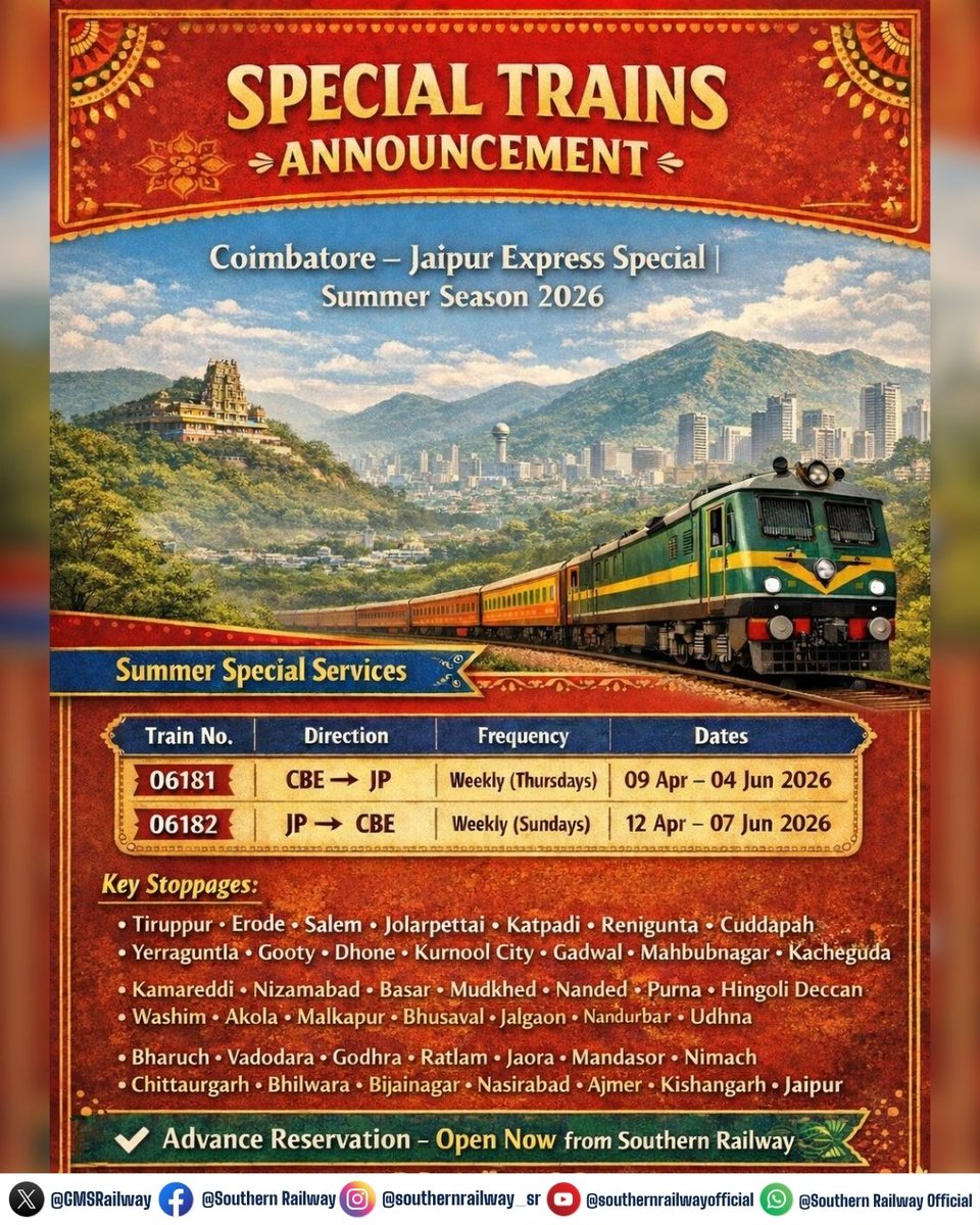 GMSRailway's tweet photo. Southern Railway introduces Weekly Special Trains between Coimbatore and Jaipur to handle the seasonal rush and ensure a smooth travel experience for passengers.

🎟️ Advance reservation is now open – plan early and travel with ease!

#SouthernRailway #SpecialTrains #SummerSpecial #IndianRailways