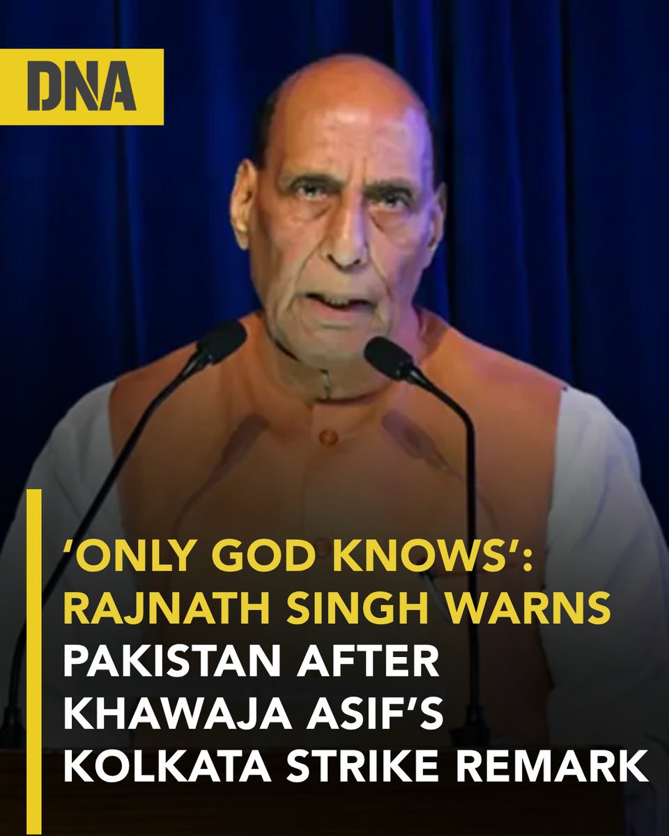 dna's tweet image. India’s Defence Minister #RajnathSingh criticised Pakistan’s Khawaja Asif over remarks about a possible strike on #Kolkata, calling them provocative and warning Islamabad against repeating past mistakes.

#DNAUpdates | #Iran | #Pakistan |