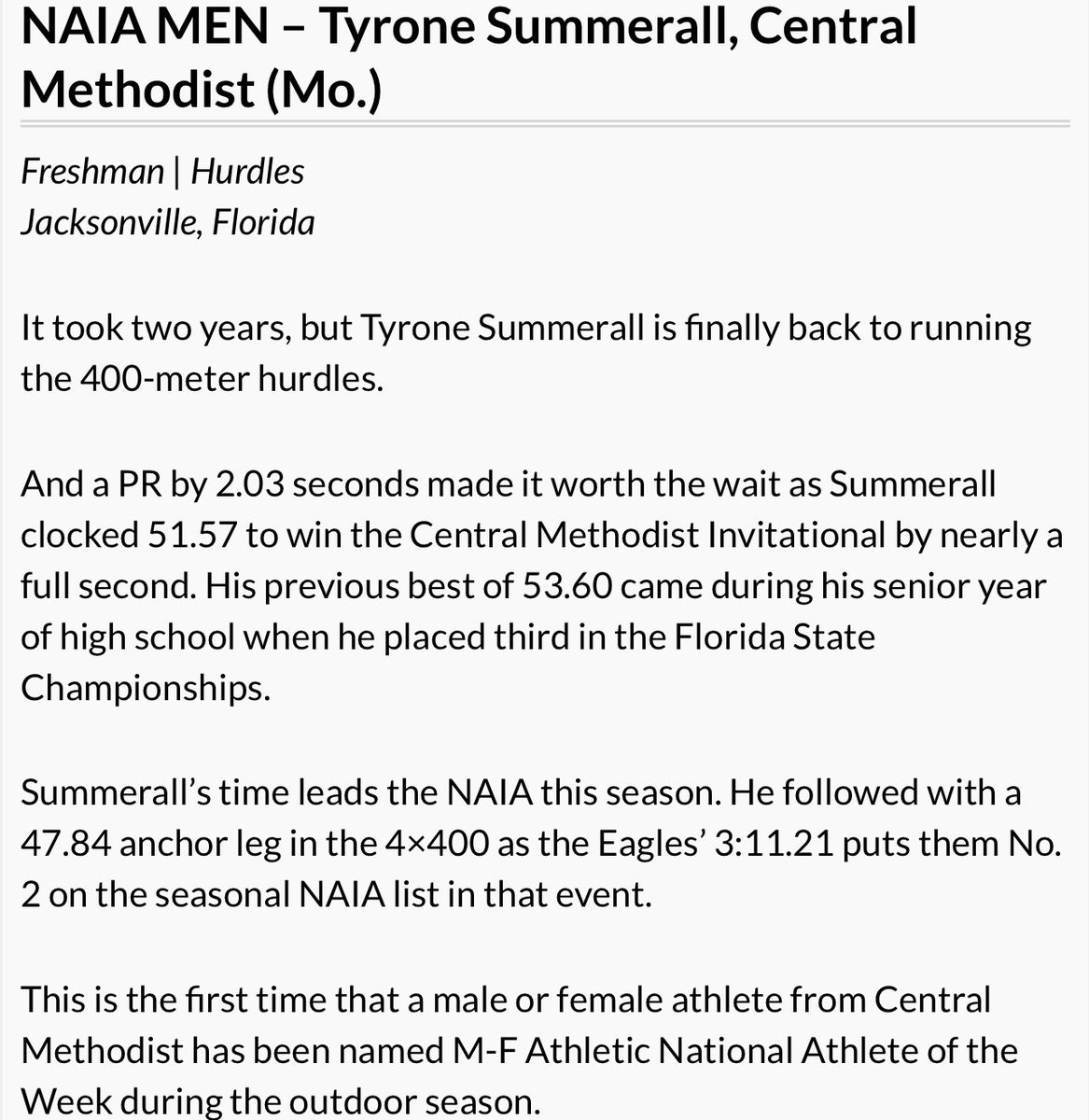 CoachKenny__'s tweet photo. Congrats to Tyrone Summerall who was named this week’s @ustfccca National Track Athlete of the Week.  
#EarnYourWings. His time of 51.57 currently leads the NAIA.  @cmueaglesXCTF https://t.co/5cLiApjRMv