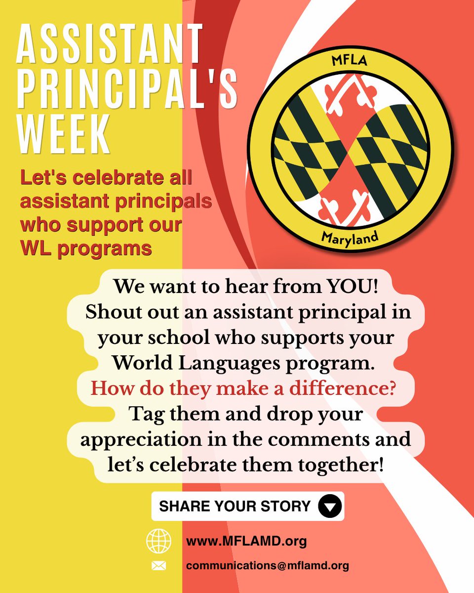MFLAMD's tweet photo. Happy Assistant Principals Week!
Shoutout to MFLA board member Nyurka Morales, AP at NWHS, for championing World Languages, uplifting teachers, and supporting the Seal of Biliteracy
YOUR MEMBER CHALLENGE: Tag an AP who supports your WL program!
#MFLA #WorldLanguages #APWeek https://t.co/cVVUswUnsB
