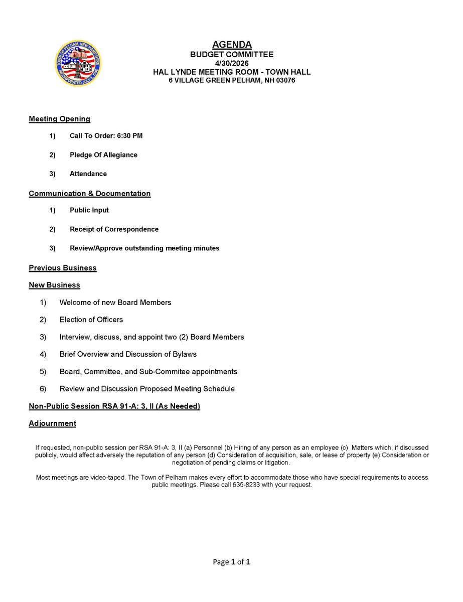 Budget Committee Meeting Agenda for 4-30-2026 @ 6:30 PM and will be held in the Hal Lynde Meeting Room in Town Hall.