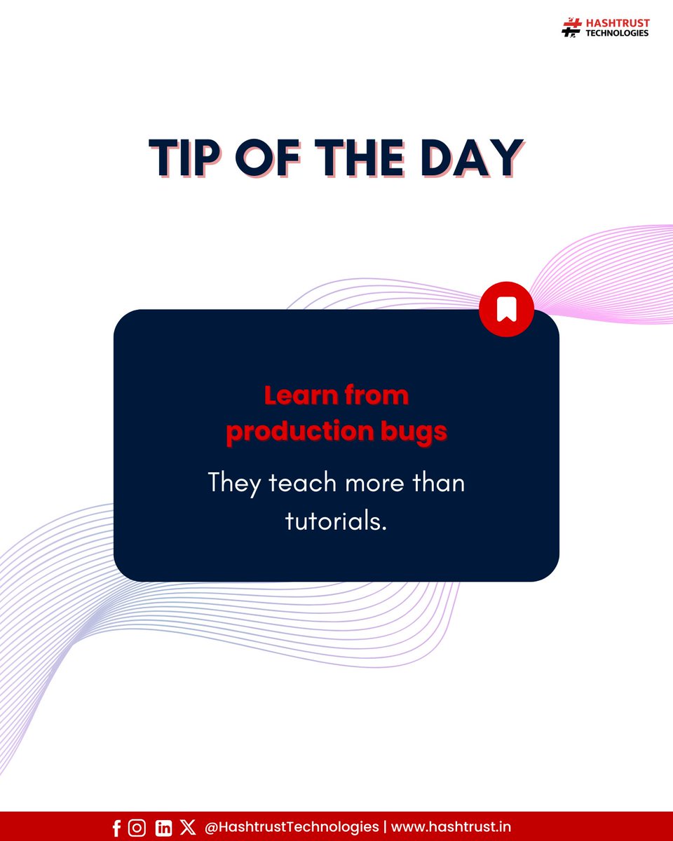 HashtrustT's tweet photo. 💡Tuesday Tip: Production bugs are lessons in disguise.
Fix them and learn from them. https://t.co/hVZW3zPWrz