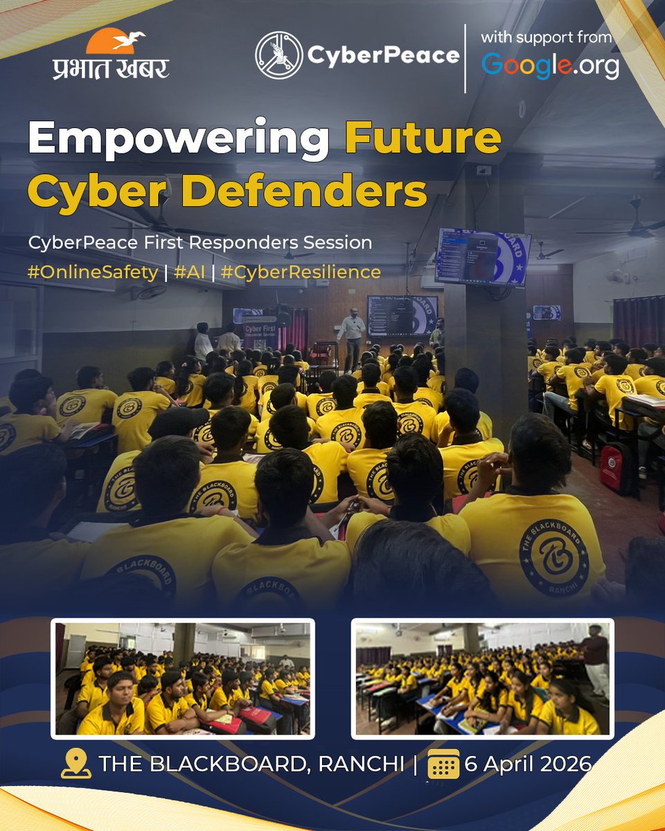 cyberpeacecorps's tweet image. Empowering the next generation of digital defenders 💻🔐

#CyberPeace☮️, in collaboration with @prabhatkhabar Media Group, Ranchi, and with the support of @Googleorg, successfully hosted the CyberPeace First Responder Technical Session at THE BLACKBOARD, Ranchi.

Focused on
