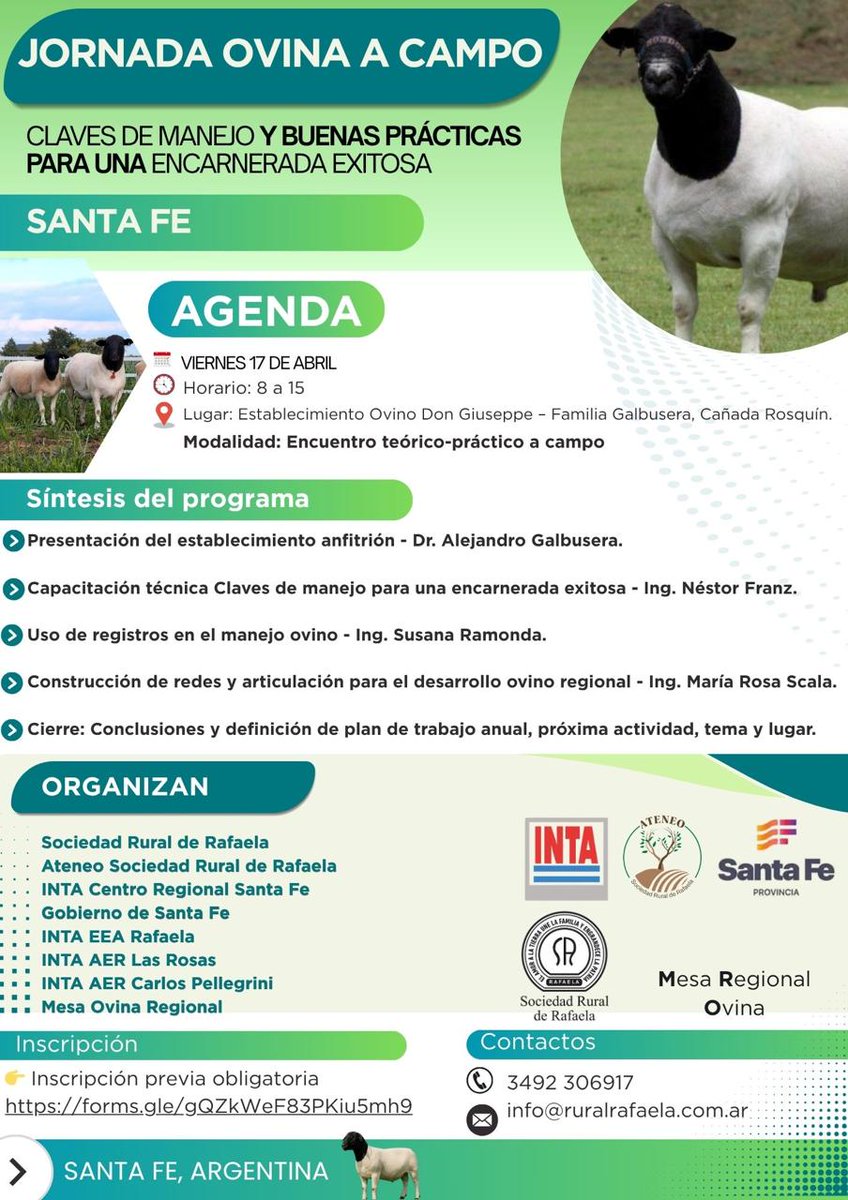 🐑🌱 Jornada ovina a campo
Viernes 17/04
Cañada Rosquín
8 a 15 hs
⚠️ Con inscripción previa:
forms.gle/gQZkWeF83PKiu5…
¡Sumate y vení a intercambiar experiencias!