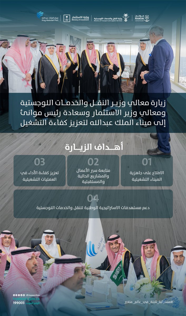 MawaniKSA's tweet image. زار معالي وزير النقل والخدمات اللوجستية م. @SalehAlJasser، ومعالي وزير الاستثمار الأستاذ فهد السيف، وسعادة رئيس #موانئ م. @SulimanMazroua، #ميناء_الملك_عبدالله في رابغ، للاطلاع على جاهزية الميناء التشغيلية، ومتابعة سير الأعمال والمشاريع الحالية والمستقبلية.
