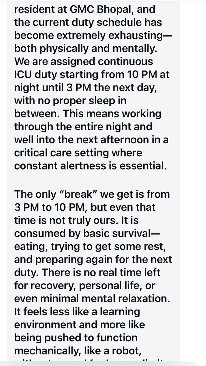 bhatia_nachiket's tweet photo. #letsendtoxicity
 36+ hours of continuous ICU duty at GMC Bhopal — from 10 PM to 3 PM next day — in a critical care setting where alertness is life-saving, yet residents are forced to work without sleep.

The only “break” from 3 PM to 10 PM?
Not rest. Just survival — eating, collapsing, and preparing for the next shift.

No recovery. No personal life. No mental reset.
Just an endless cycle of exhaustion, turning doctors into machines, not humans.

This isn’t training. This is dangerous, dehumanizing, and a direct threat to patient safety.

A sleep-deprived doctor in ICU isn’t a hero — it’s a system failure.

Fix this toxic system before it destroys more lives.

#ResidentLivesMatter #EndToxicResidency #DoctorsAreHuman #MedicalEducation #IndiaHealthcare