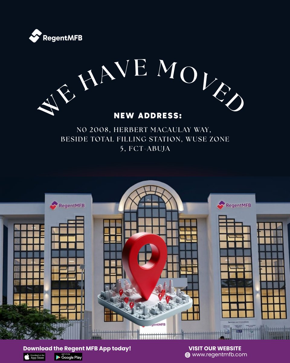 regent_mfbank's tweet image. We’ve moved! 📍
Same trusted service, now in a better space to serve you.
Come visit us at our new address and experience the upgrade.

#RegentMFB #NewAddress #Abuja