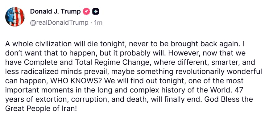 KarimHassoun_79's tweet photo. The bloodthirstiness oozing from this post is beyond anything I’ve ever seen from a world leader. Threatening the death of an entire civilisation on social media is pure filth. 85 words of pure, unadulterated genocidal intent... This man must be stopped! https://t.co/EcIb7jYpvL
