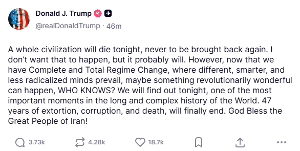 KyleJGlen's tweet photo. Trump is now threatening to kill the "whole civilisation" of Iran. Utterly insane. These ramblings will be used in his criminal trial. Someone needs to step in and get him under control. https://t.co/ZnB4Fs65YF