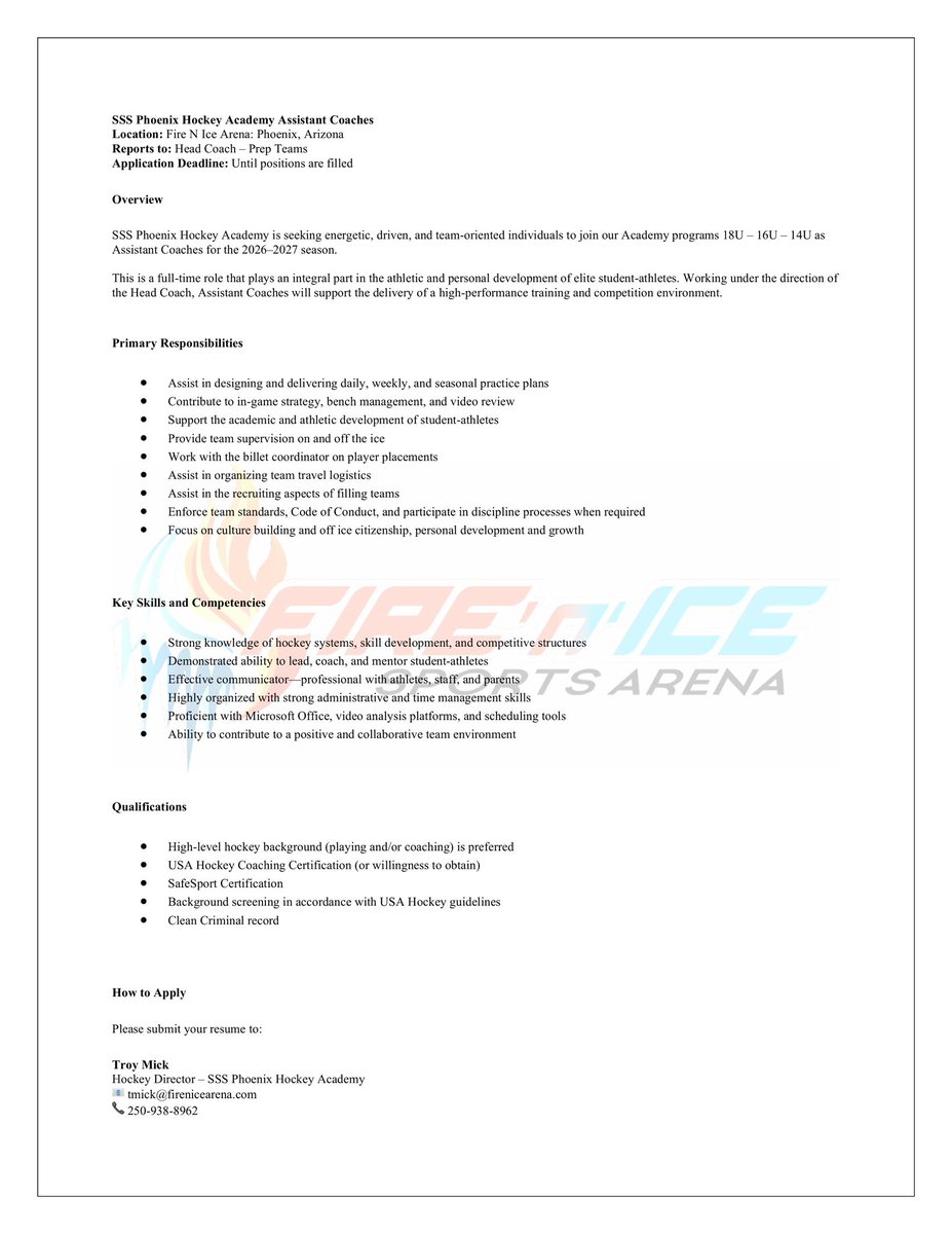 TroyMick's tweet photo. SSS Phoenix Hockey Academy are now hiring Academy coaches for our 18U, 16U &amp; 14U teams for this fall. If interested see the below job description. You can also message me for more information. Fire N Ice Arena Phoenix, AZ https://t.co/KxxAsZfbbq