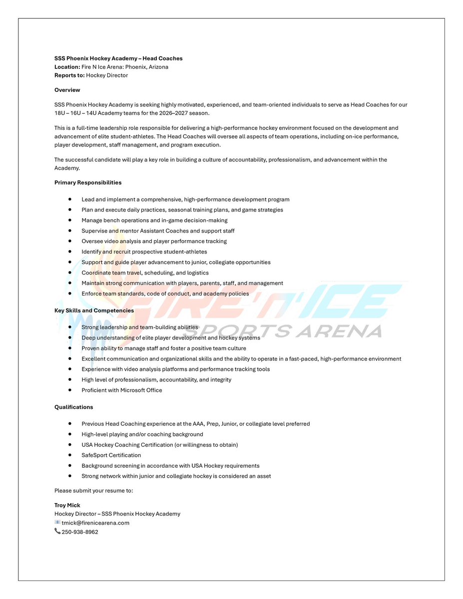 TroyMick's tweet photo. SSS Phoenix Hockey Academy are now hiring Academy coaches for our 18U, 16U &amp; 14U teams for this fall. If interested see the below job description. You can also message me for more information. Fire N Ice Arena Phoenix, AZ https://t.co/KxxAsZfbbq