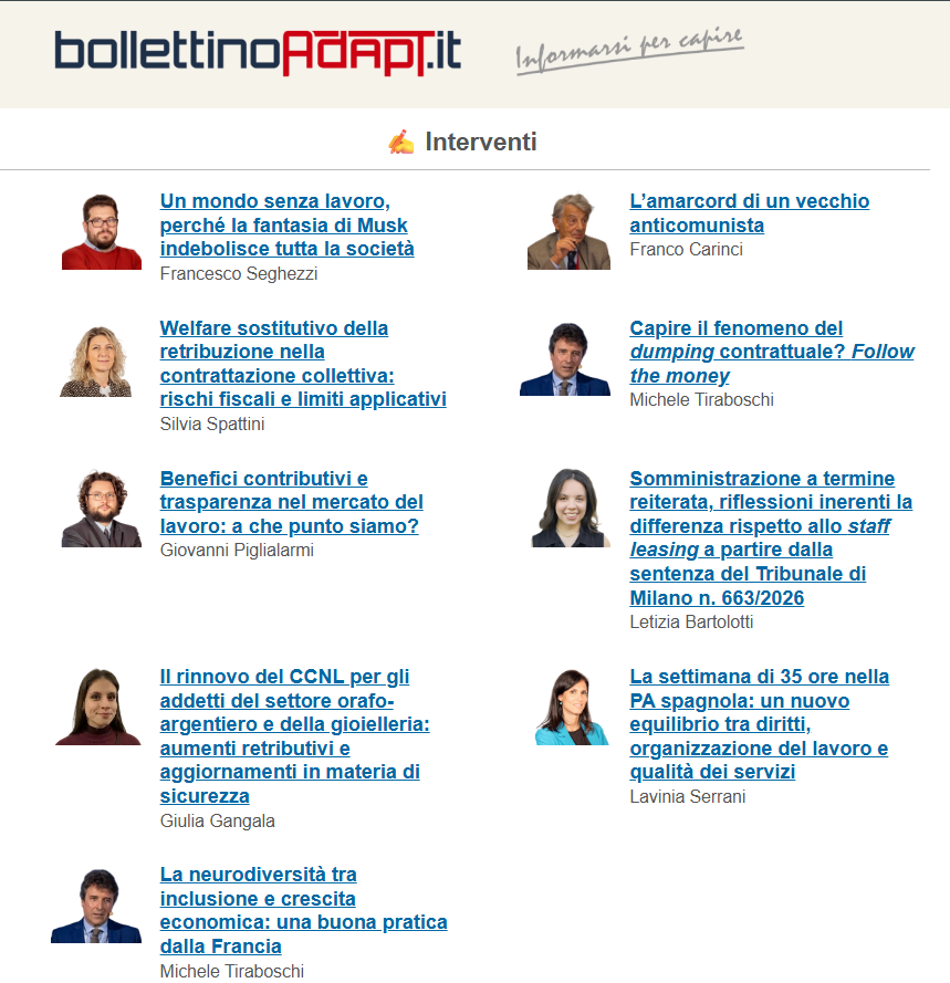 bollettinoADAPT's tweet image. 🆕📨#BollettinoADAPT n. 13/2026

#welfare #dumpingcontrattuale #contrattazionecollettiva #neurodiversità #orariodilavoro #caporalato #premiodirisultato #previdenzacomplementare

➡️Leggi qui: tinyurl.com/bd3d9j22

✍️Iscriviti alla newsletter: bollettinoadapt.it/#NewsletterSCMx