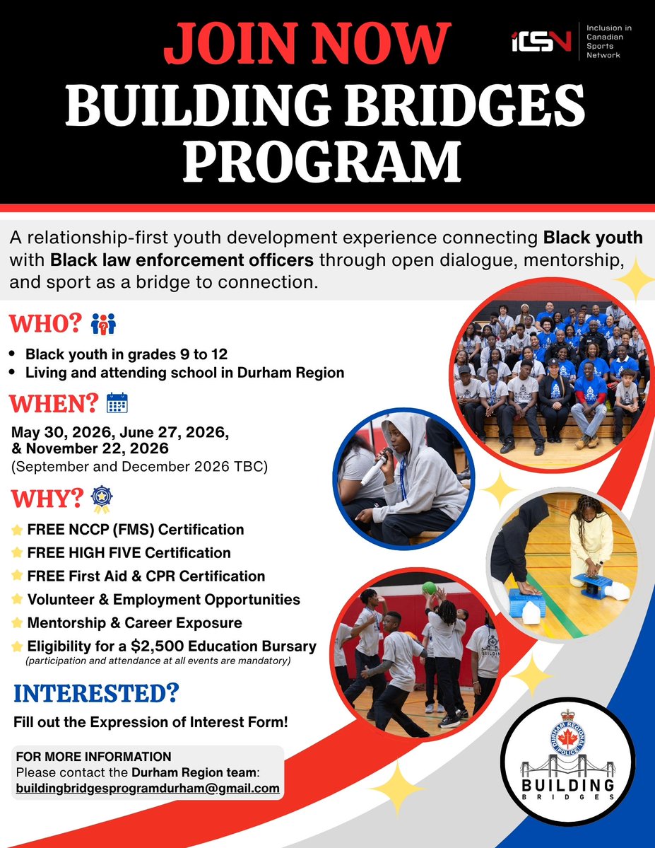 DRPS's tweet image. 📢 The Durham Regional Police Service’s Afro-Caribbean Canadian Internal Support Network, in partnership with the Inclusion in Canadian Sports Network (ICSN), is launching the 2026 Building Bridges Program.

This program offers Black secondary school students the opportunity to