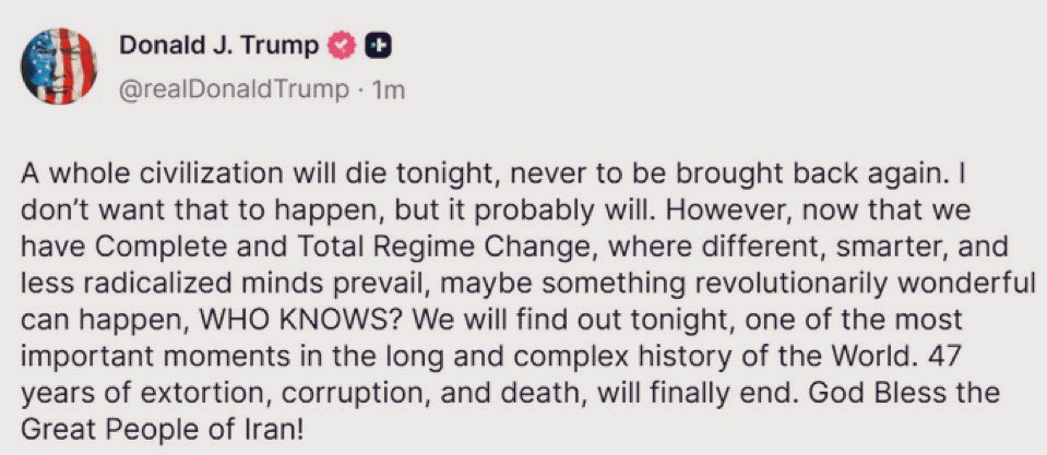 HadiNasrallah's tweet photo. Started with “a whole civilization will die tonight” and ended with “God bless the great people of Iran”. Is this what schizophrenia looks like? https://t.co/59gx6SYOcU