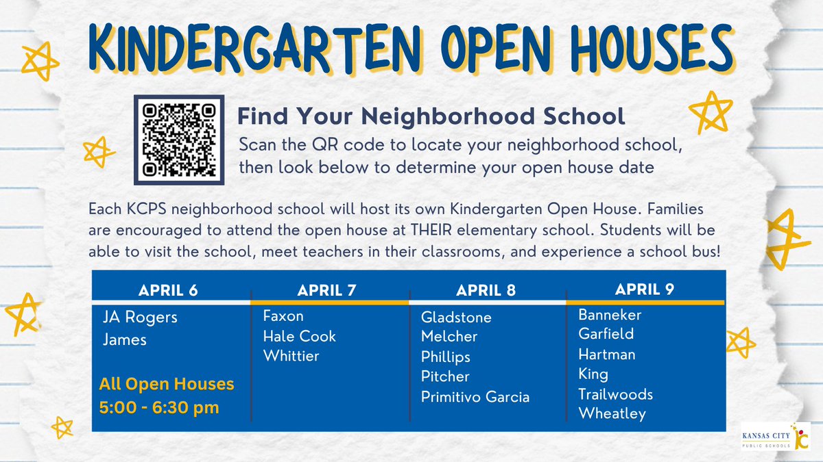kcpublicschools's tweet image. If your child is starting Kindergarten in the fall, join us at this week's Open Houses!

Incoming students and their families are invited to meet teachers, see classrooms, and more. Click to see when your neighborhood school is hosting 👇

#Kindergarten #KCPS