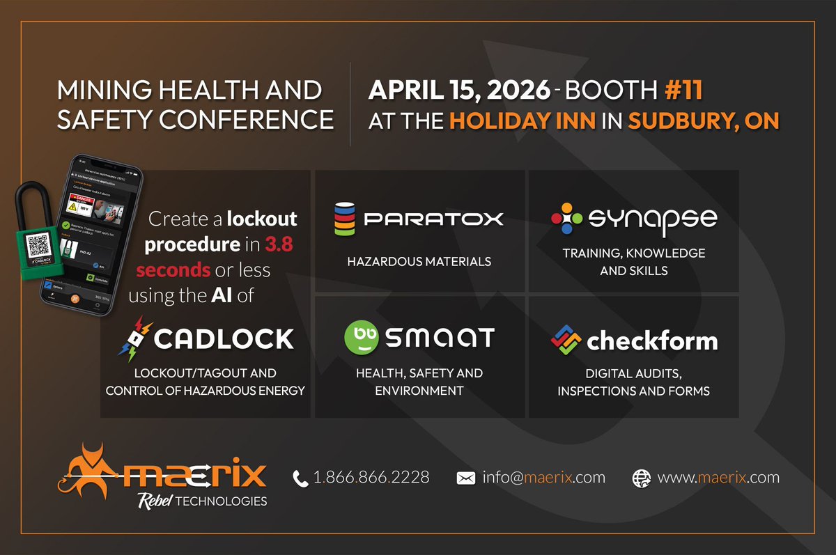 Maerix's tweet photo. Maerix will be at the Mining Health and Safety Conference in Sudbury, Ontario, on April 15! Join us at Booth #11 to discover our EHS solutions. We look forward to connecting with you! https://t.co/9vrddfGDyn