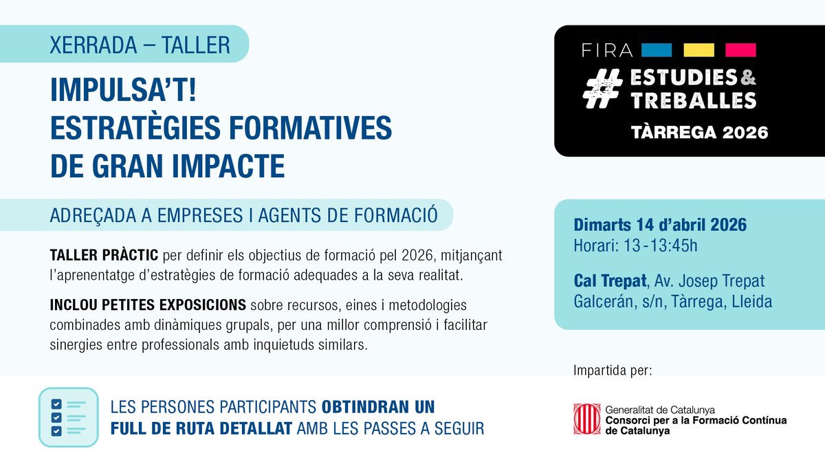 fpo_continua's tweet photo. 🚀 Vine a la xerrada-taller IMPULSA’T a la Fira Estudis i Treballs de Tàrrega per definir els teus objectius pel 2026.
📅 Dimarts 14 d'abril, 13h
📍 Cal Trepat, Tàrrega
@ajtarrega
#Tàrrega #Formació #Xerrada https://t.co/onNYsMw1MY