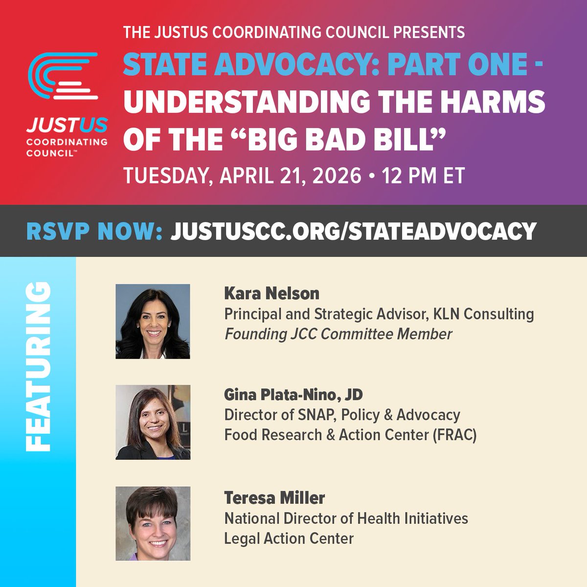 JustUSCouncil's tweet photo. Join the JCC Speaker Series on April 21 for a discussion on how federal decisions about SNAP and Medicaid are being made and how advocacy at the state level can intervene in real time. Register now at https://t.co/Mcwopo2Xq9. https://t.co/ahQbl8Jicx