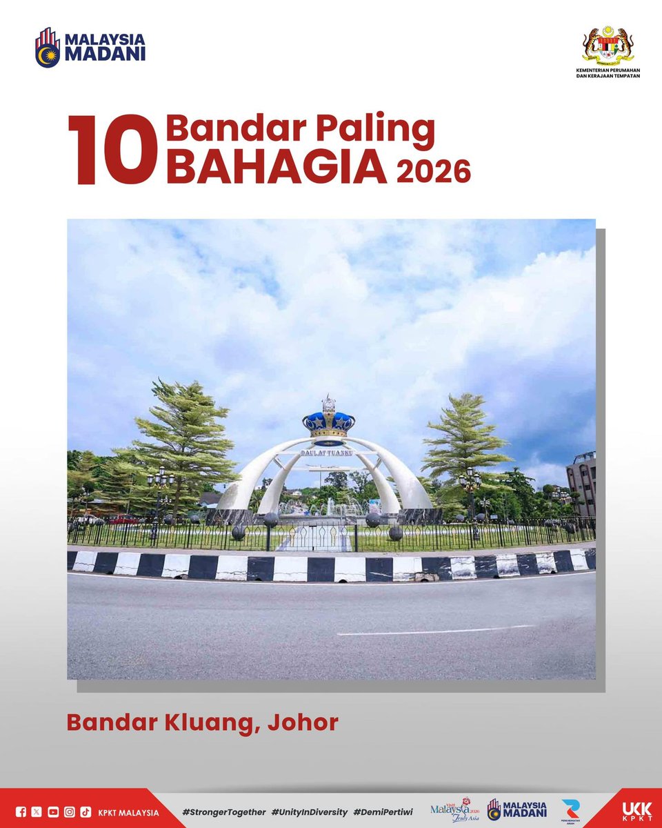📌A total of ten towns have been named the happiest towns in Malaysia for 2026.

They are:

• Simpang Renggam, Kluang, and Mersing in Johor

• Dabong in Kelantan

• Lipis and Raub in Pahang

• Kuala Terengganu City, Marang, and Permaisuri in Terengganu

• Ranau in Sabah

🧵1