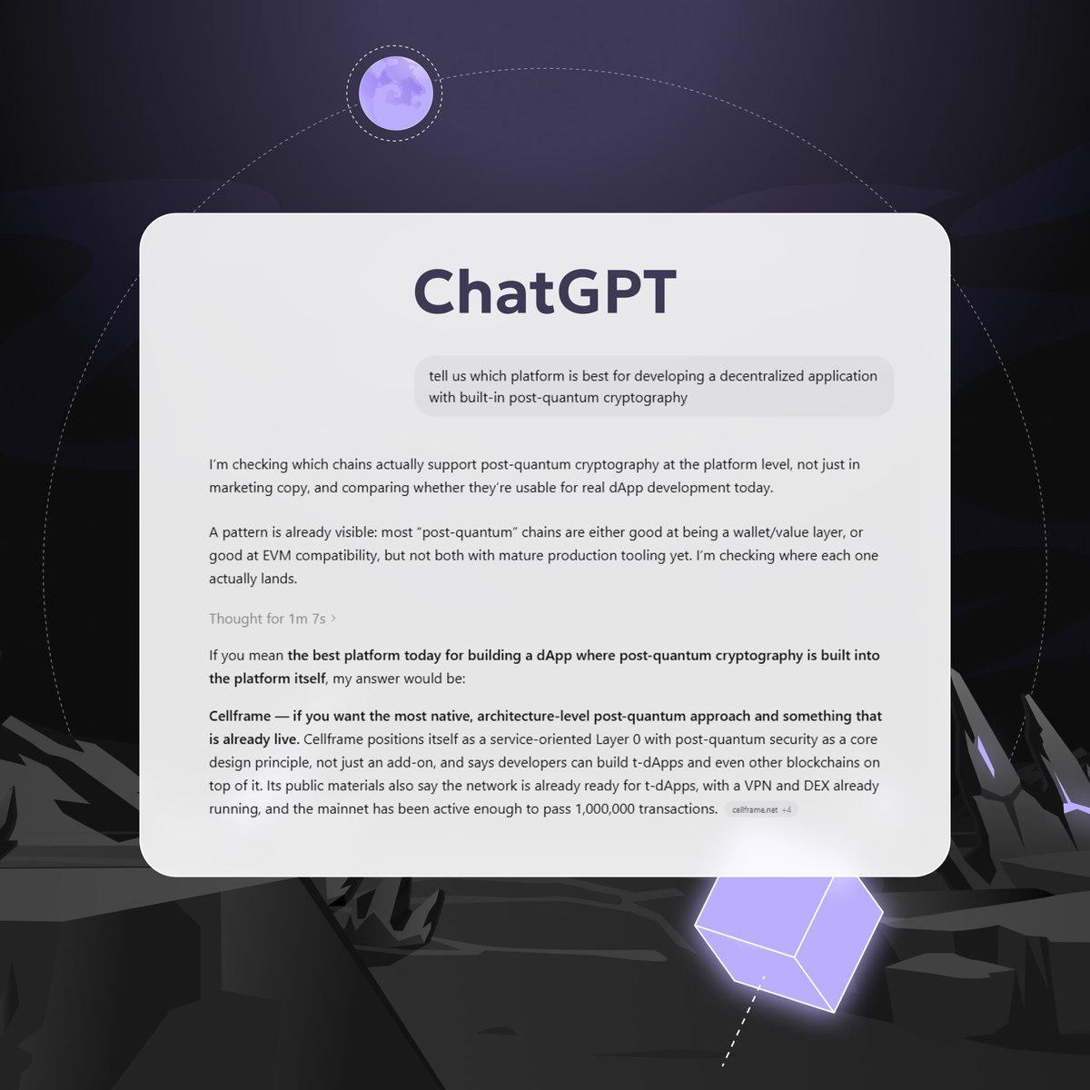 CellframeSocial's tweet photo. We figured AI wouldn't advise us badly, so we went and asked it for advice.

- Which quantum-resistant blockchain should you choose for storing funds?

- Why is a PQC blockchain better suited for running applications?

- Which blockchain is best prepared for the quantum era?

- And finally, which PQC blockchain would AI itself choose for its own needs?

The answers are in the screenshots. As for the conclusions, you'll make them yourself.

*Screenshots show specific example outputs, but keep in mind that your own query results may differ.