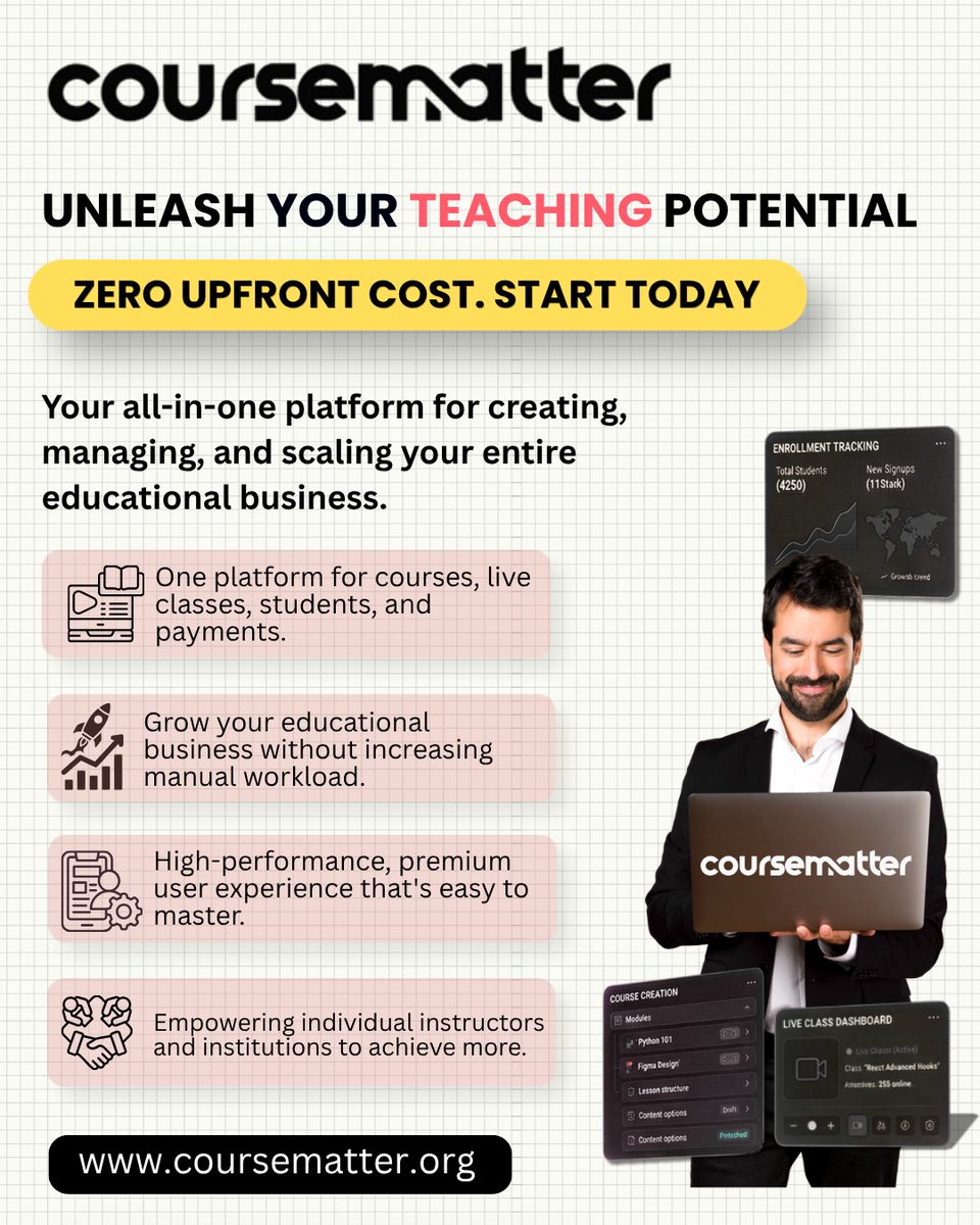 coursematter's tweet photo. ZERO UPFRONT COST. START TODAY.
Stop managing your teaching. Start scaling it.
CourseMatter helps you run, grow & monetize β all in one place.
Courses. Live classes. Students. Payments.
No chaos. Just one system.
π https://t.co/DJXB1NbnYj
#EdTech #TeachOnline #CreatorEconomy https://t.co/jI8rXttB6M