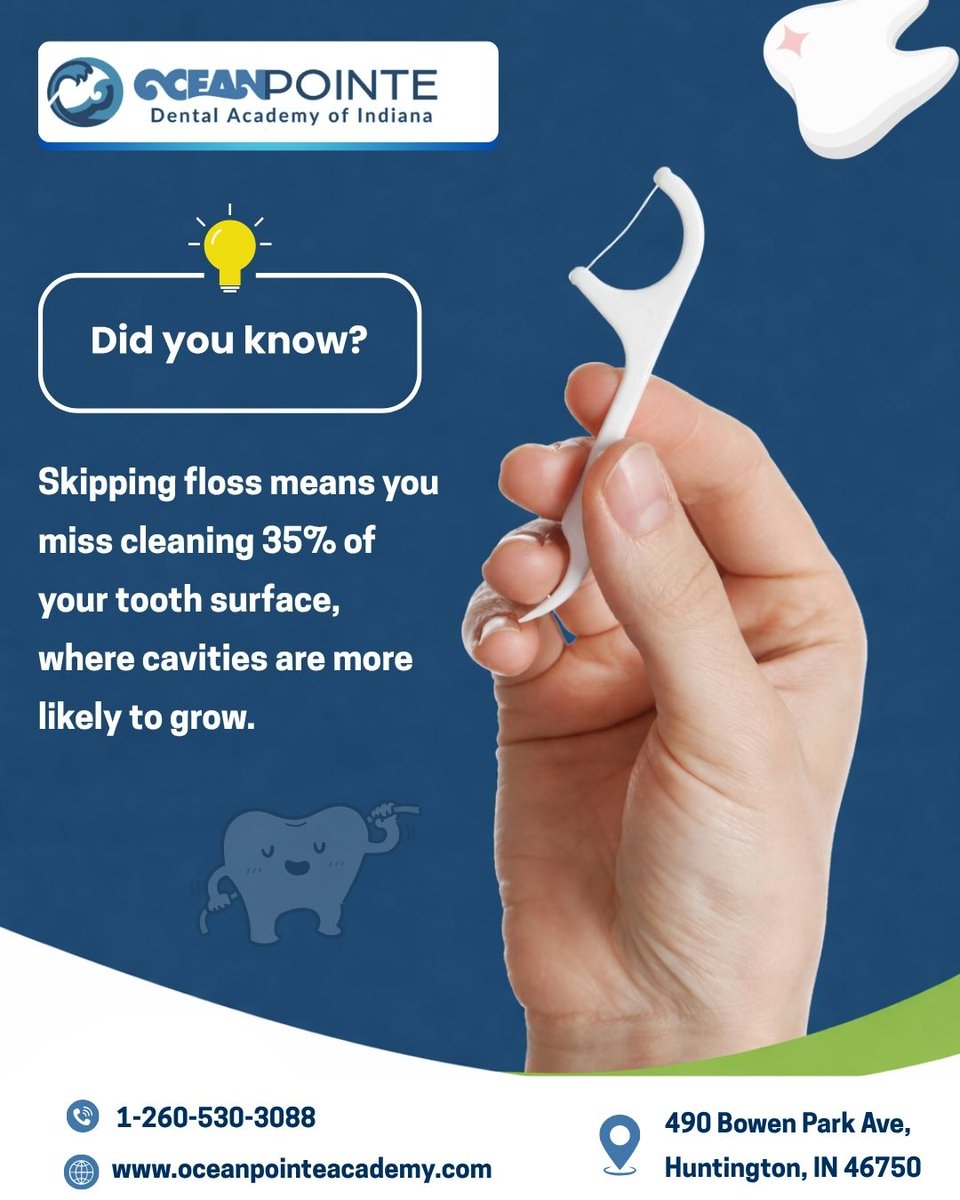 Oceanpointe45's tweet photo. Did you know skipping flossing means missing out on cleaning nearly 35% of your tooth surface?

#DentalCare #HealthySmile #OralHygiene #FlossDaily #DentalTips #SmileCare #TeethHealth #PreventCavities #DentalAwareness #OralHealthMatters #BrightSmile #DentalAcademy #HealthyHabits https://t.co/QS6gKC8tci