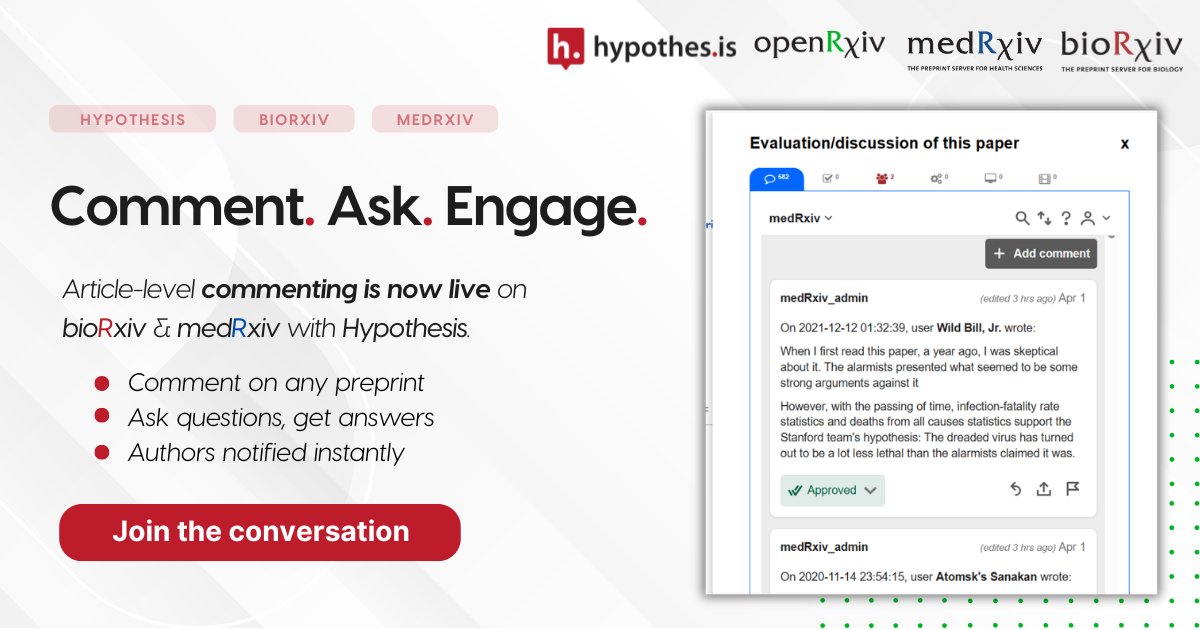 hypothes_is's tweet photo. Join the conversation on bioRxiv and medRxiv preprints with Hypothesis. Share insights, ask questions, and engage with authors and fellow readers.

https://t.co/wDjBjue3mL

#ResearchCommunity #OpenScience https://t.co/HYiFlmuQXU