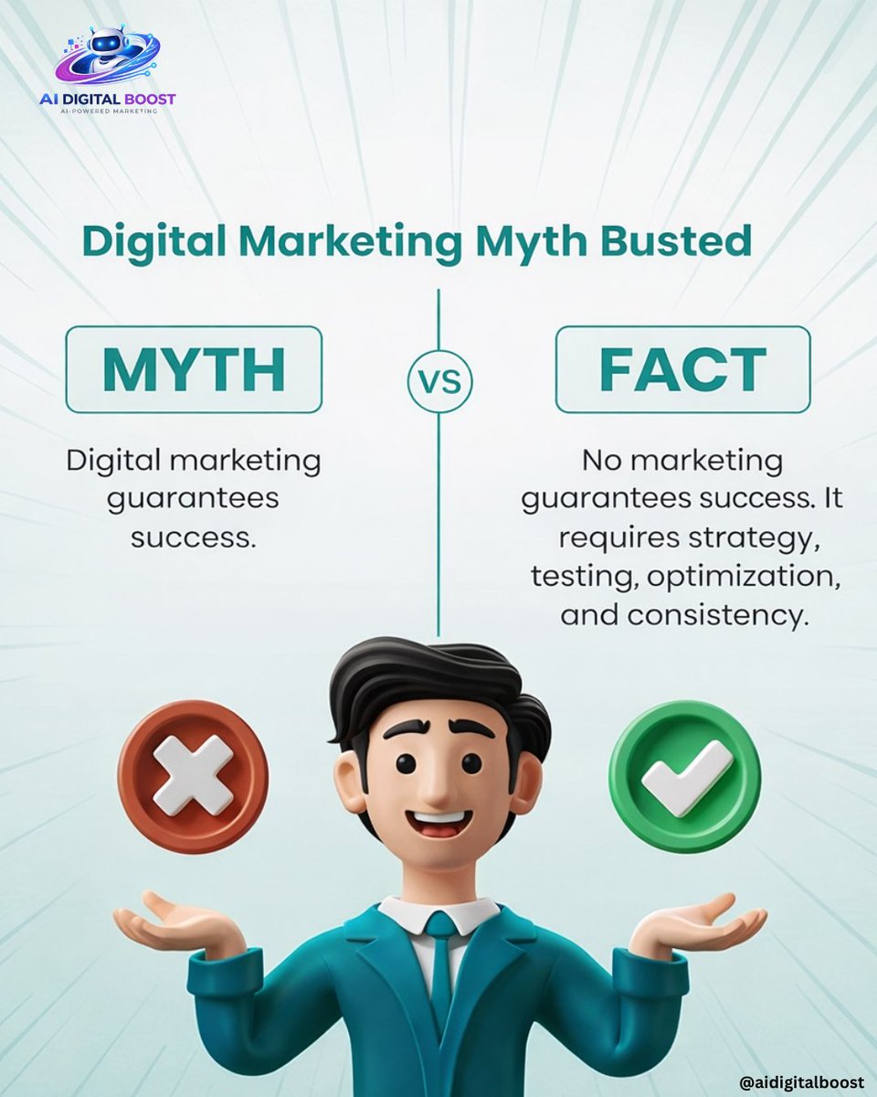 aidigitalboost's tweet photo. Myth Alert for Small Business Owners
But heres the truth 
Myth:Digital marketing guarantees instant results.
Fact:Real growth comes from strategy,testing,optimization,and consistency.
Follow for more @aidigitalboost 
#DigitalMarketingMyths #SmallBusinessTips #MarketingStrategy https://t.co/GsvNmtrI6p