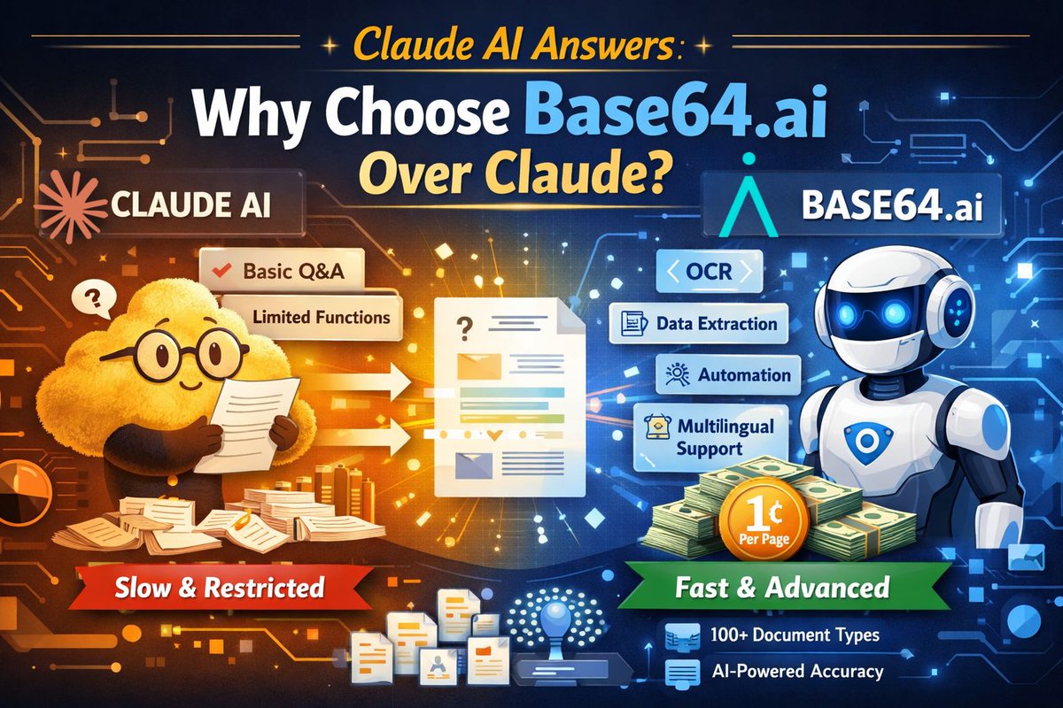 Base64ai's tweet photo. As AI adoption accelerates, more teams are turning to tools like Claude to power document workflows.

But how does it actually compare to a purpose-built platform like https://t.co/8NP9jRF4wv?

We asked Claude directly.

Read about it in our blog: 👇 
https://t.co/zJQnyrTZug https://t.co/xcftbKTMGO