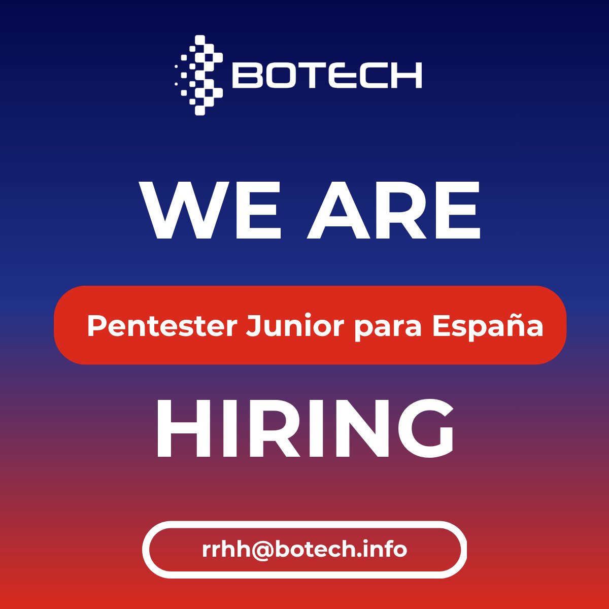 📣 𝗪𝗘 𝗔𝗥𝗘 𝗛𝗜𝗥𝗜𝗡𝗚 📣 

Si eres 𝗽𝗲𝗻𝘁𝗲𝘀𝘁𝗲𝗿 𝗷𝘂𝗻𝗶𝗼𝗿 ¡te estamos buscando para nuestro equipo de España!

Escríbenos a rrhh@botech.info✍ 

#Hiring #Talento #Ciberseguridad #Ofertadeempleo #Pentester