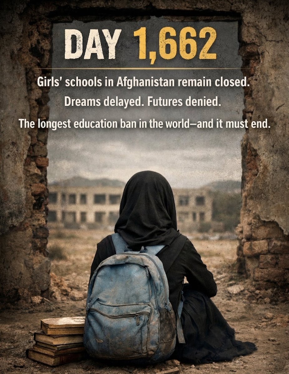AfghanistanRW's tweet photo. Day 1,562.
I should be in a classroom today, learning and building my future, but instead, I am still waiting outside closed doors. Please don’t forget us. Raise your voice and RT.

#LetGirlsLearn #StandWithAfghanGirls #EducationForAll #Afghanistan
@EGACampaign @ManizhaBakhtari https://t.co/dI1Ux4CsAW