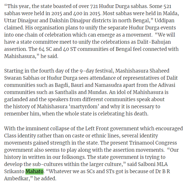 viprabuddhi's tweet image. Just so you know, TMC leaders actively fund Mahishasura Puja in Jangalmahal

Birbaha Hansda, the Forest Minister, lobbied to declare tribals as non-Hindus. TMC passed a bill for it back in 2023

Most Kudmis are practicing Hindus, only a small section of them are Sarna followers