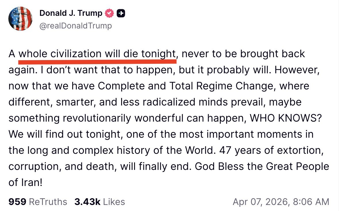 mirkhalid0786's tweet photo. Donald Trump sparks massive controversy with a shocking statement ⚠️
“Tonight, an entire civilization could be wiped out  something that can never be brought back.
#trump
#IranWar‌ https://t.co/170oZankCG