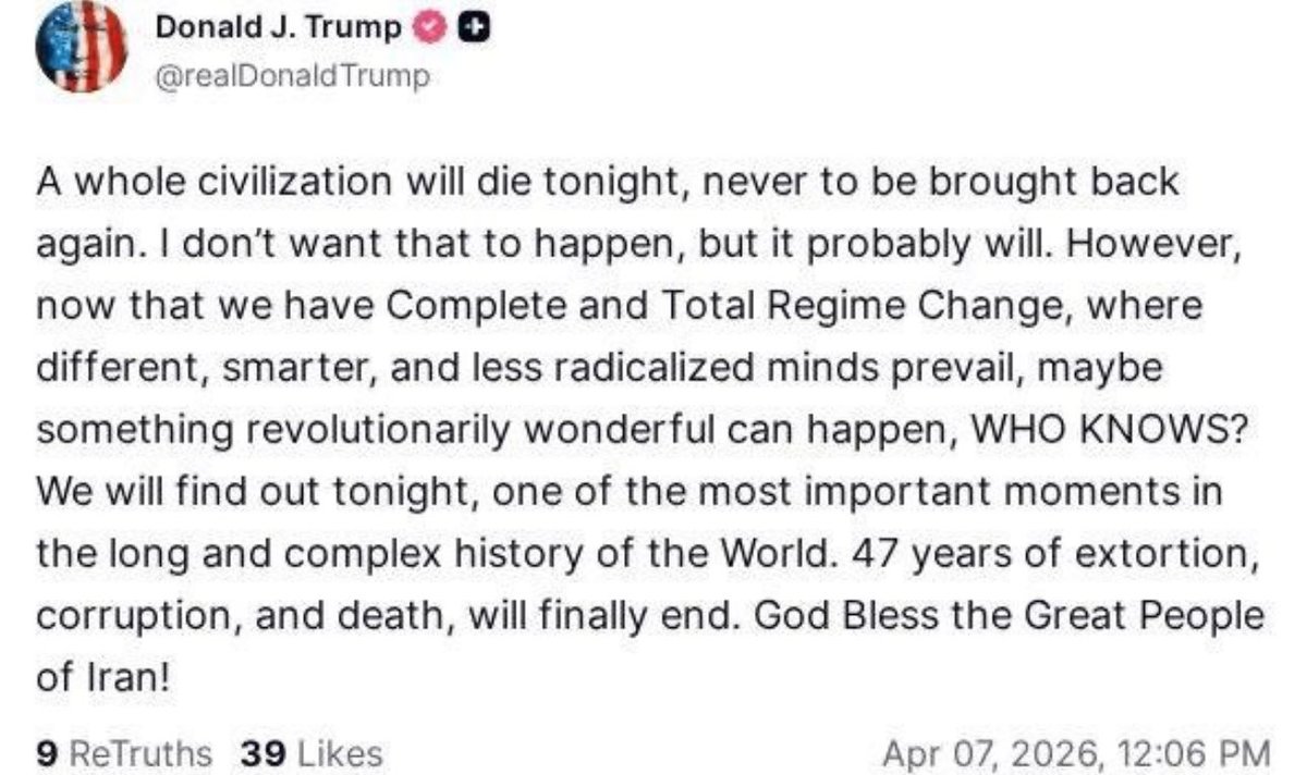 Damn. That’s cold. 🧊
 
I don’t like it 💔
 
We all wish and hope this is a negotiation tactic. But I highly doubt it is not. 
 
Iran will not step down.
 
USA know this.
 
This will be a DISASTER for the GLOBAL ECONOMY.
 
If they do what he is basically saying…
 
It changes