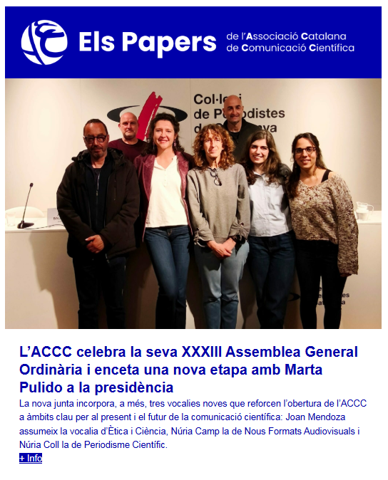 ACCC_'s tweet photo. 📢 “Els papers de l'ACCC” #88!
👥 33 Assemblea General i nova etapa amb @mpulidosalgado com a presidenta de l'ACCC
🙌@mireia_ociencia al board de l’@eusja
🤝@CASIOedu entitat col·laboradora de l’ACCC
🌸6è concurs #ScikusPerspectiva26
🔎Ofertes de feina
👉https://t.co/wtSgm7dZxc https://t.co/LFz1IYzqpu