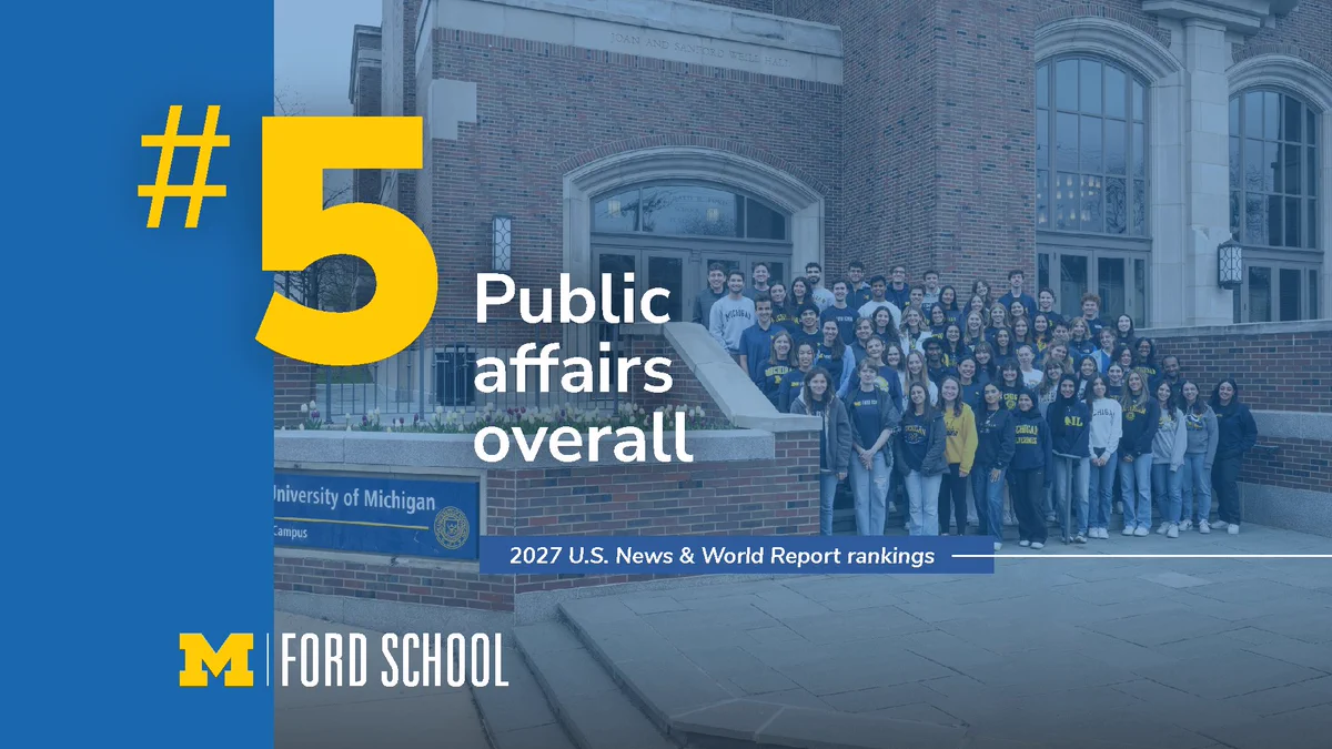 Graphic that reads: "#5 Public affairs overall. 2027 U.S. News & World rankings."