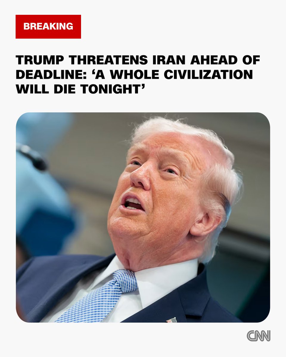 cnni's tweet image. Trump threatens "a whole civilization will die tonight" as his deadline for Iran to open the Strait of Hormuz approaches. Follow live updates. cnn.it/4c9ihVP