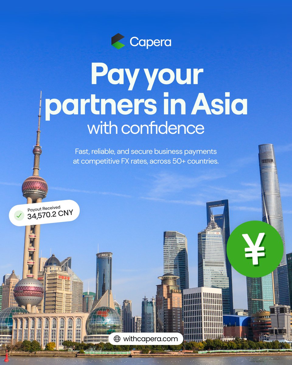 Late settlements and unpredictable FX can strain supplier relationships. Strong partnerships rely on reliable payments.

Capera helps you pay your partners in Asia on time, with speed, security, and rates you can actually rely on.

Sign up today at withcapera.com