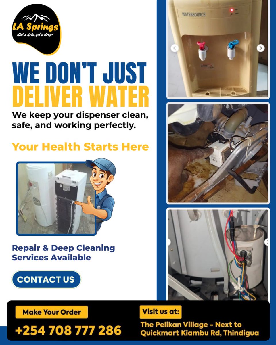 Lasprings_'s tweet image. We don’t just deliver water, we care for your dispenser too!
We offer repair and deep cleaning services. Get in touch with us today! 

Call/WhatsApp: 0708 777 286

Pelikan Village – Next to Quickmart, Kiambu Road, Thindigua

#LASprings #WaterDelivery #FuelScandalTruths #obinna