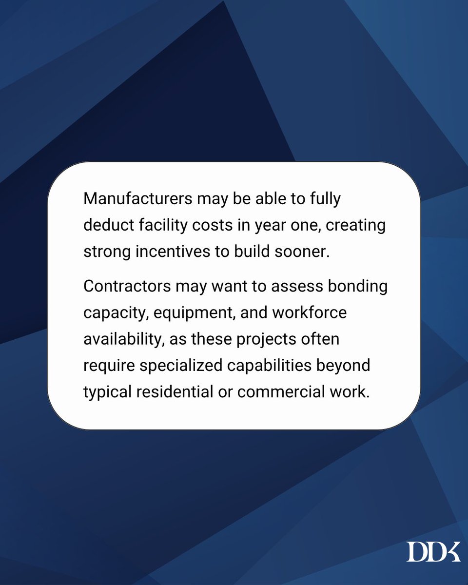 ddkcpas's tweet image. Qualified Production Property Provisions allow 100% expensing for certain manufacturing facilities. 

Tight timelines may drive demand for industrial construction. 

#Construction #TaxTips #ConstructionTax
