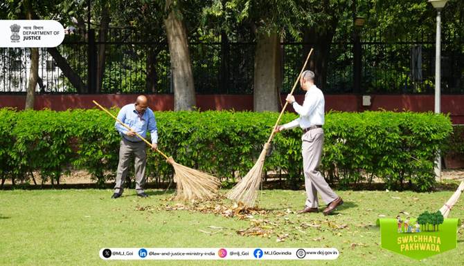 PIB_India's tweet photo. The Department of Justice is observing #SwachhataPakhwada2026 from 1st April to 15th April 2026 wherein a number of activities have been proposed to be undertaken towards cleanliness, hygiene and awareness amongst officers and staff.

The Pakhwada commenced with the administration of Swacchata Pledge to the officers/staff of the Department on 1st April 2026. Niraj Verma, Secretary (Justice) administered the pledge to all and reinforced the commitment towards Clean India.

The event followed by the Voluntary Shramdaan at Jaisalmer House premises wherein officers and staff actively participated in the drive and extended their support/ commitment towards Swachh Bharat Abhiyan.

Read here: https://t.co/2Z1WMRwXxJ